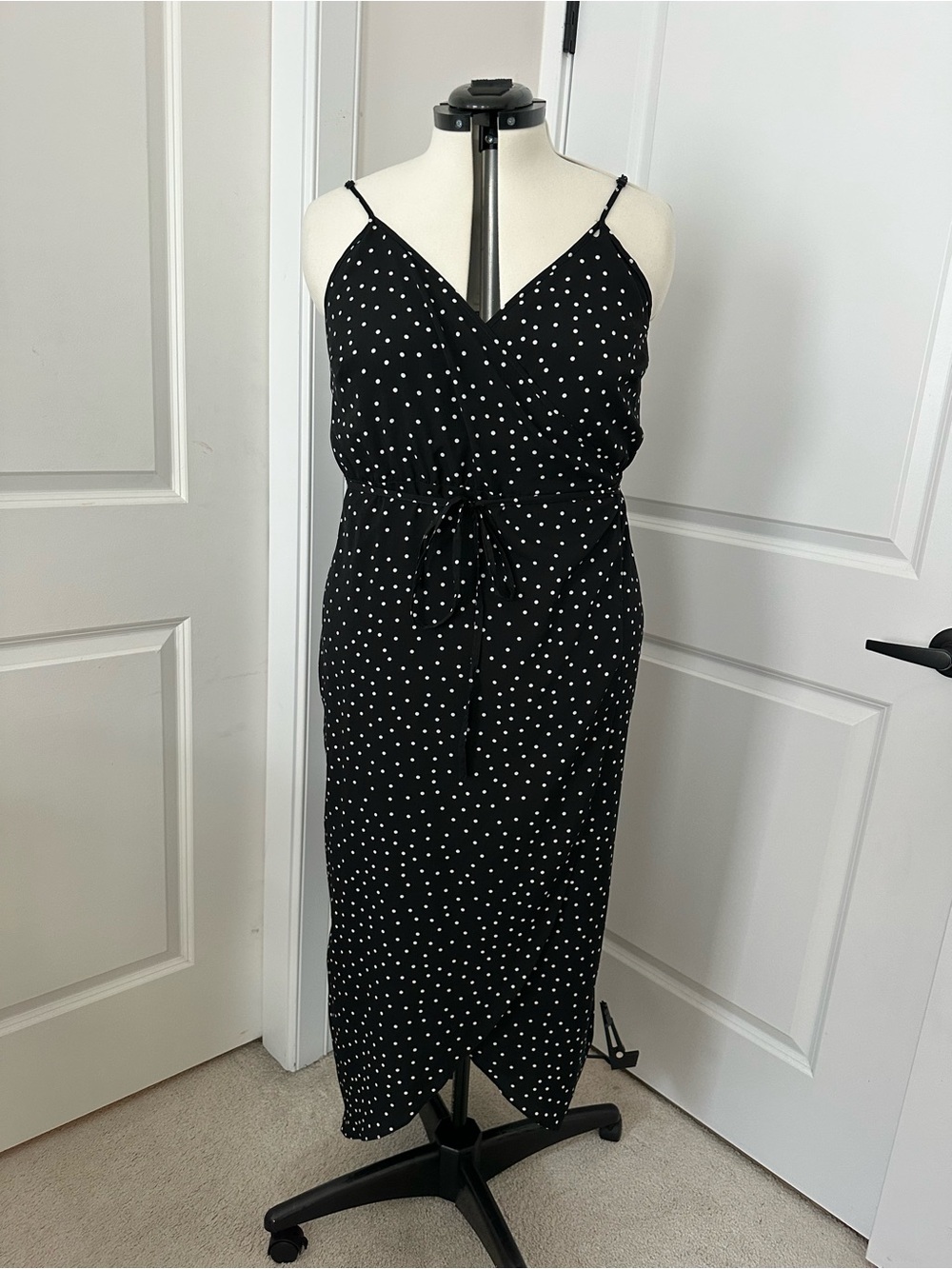 ASOS Black Polka Dot Midi Dress with Tie Waist
